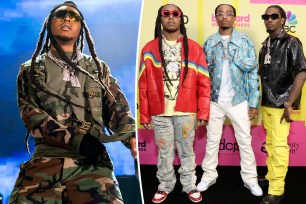 A split of photos of Takeoff solo and with his rap group, Migos.
