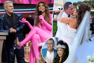 A split photo of Andy Cohen and Teresa Giudice sitting and talking together and a photo of Luis Ruelas and Teresa Giudice kissing on their wedding day along with a small photo of Kelly Ripa dressed as Teresa GIudice