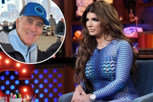 Teresa Giudice sitting on "WWHL" and a small photo of Billy Costa