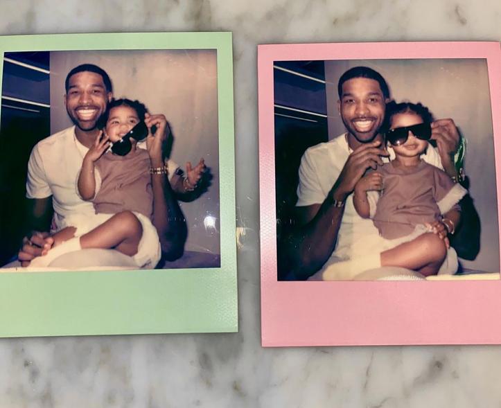 Two Polaroid photos of Tristan Thompson holding daughter True.