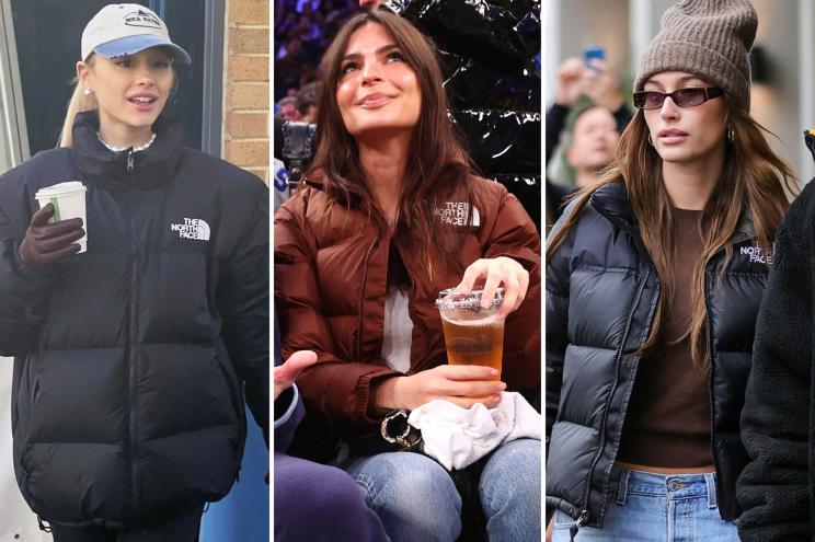 Ariana Grande, Emily Ratajkowski and Hailey Bieber in North Face puffer jackets