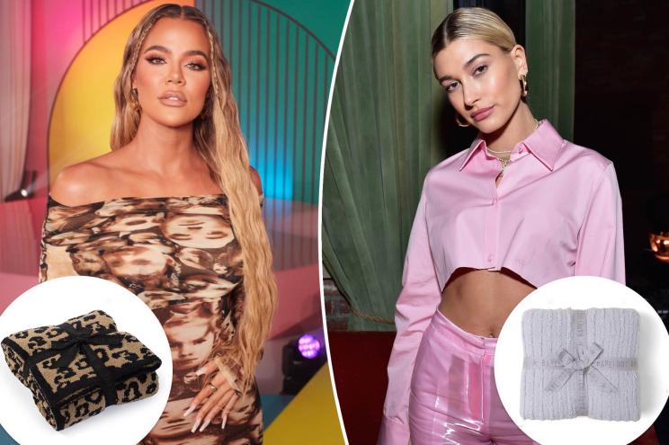 Khloé Kardashian and Hailey Bieber with insets of Barefoot Dreams blankets