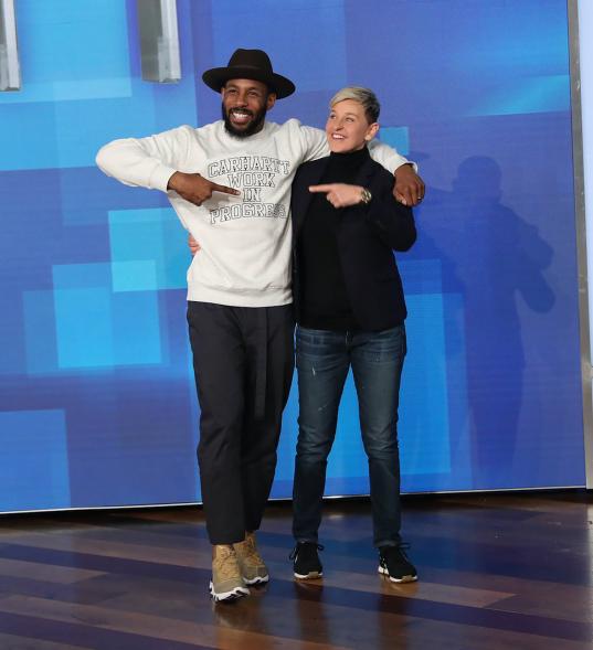 Stephen "tWitch" Boss and Ellen DeGeneres pointing at each other on the set of "The Ellen DeGeneres Show."