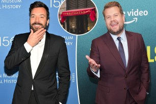 Jimmy Fallon, inset of Balthazar restaurant, James Corden.