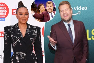 A composite picture of Mel B, one of James Corden and one of them taking a selfie together.