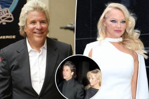 A split of Jon Peters and Pamela Anderson with an inset of them together.