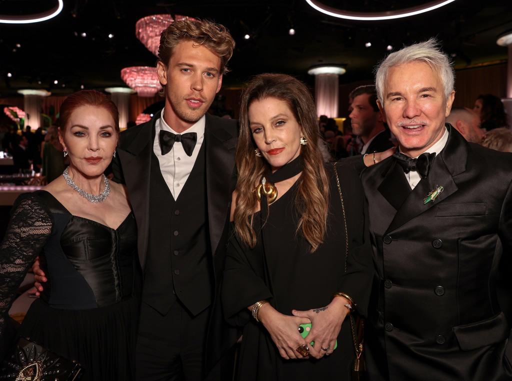 Priscilla Presley, Austin Butler, Lisa Marie Presley and Baz Luhrmann at the Golden Globes.