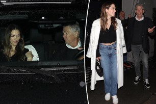 A split of Katharine McPhee and David Foster in the car and walking outside.