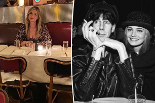 Paulina Porizkova at Odeon restaurant split with old photo of Ric Ocasek and Porizkova.