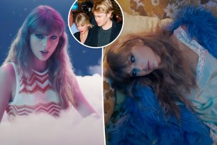 taylor swift in a cloud and lying on a couch in her lavender haze music video and taylor swift and joe alwyn together in paparazzi photo.