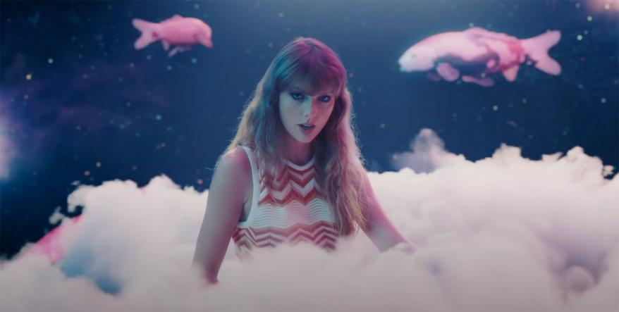 taylor swift sitting in a cloud in space