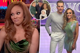 A split photo of Ashley Darby talking on "WWHL" and a photo of Luke Gulbranson and Ashley Darby posing for a photo together at BravoCon and a small photo of her with Michael and their sons