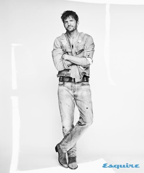 Ashton Kutcher poses for "Esquire" in denim jacket and jeans