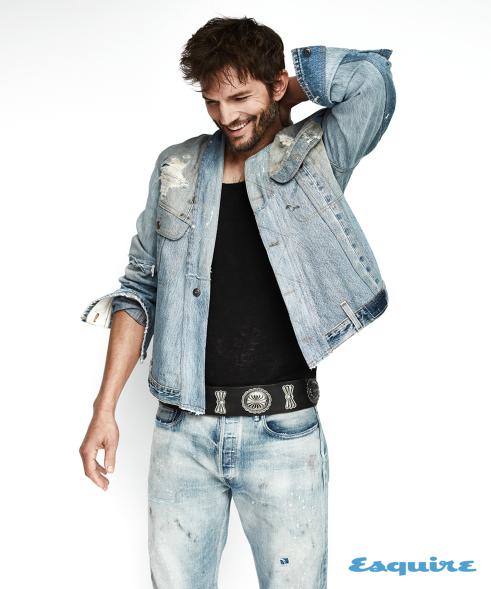 Ashton Kutcher poses for "Esquire" in denim jacket and jeans