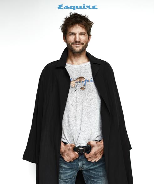 Ashton Kutcher poses for "Esquire" in tee shirt and black jacket