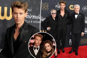 Austin Butler at the 2023 Critics Choice Awards with an inset of him and Lisa Marie Presley.