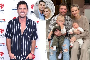 A split photo of Ben Higgins posing on a red carpet and a photo of Lauren Bushnell and Chris Harrison posing with their two kids and a small photo of Ben Higgins and Lauren Bushnell posing together