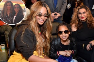 Beyoncé sits alongside daughter Blue Ivy and mom Tina Knowles with an inset of Knowles at the beach with her granddaughter