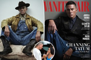 Channing Tatum sits in a hat and overalls, split with his "Vanity Fair" cover in a black jacket and jeans, as well as an inset chatting with Zoë Kravitz over coffee