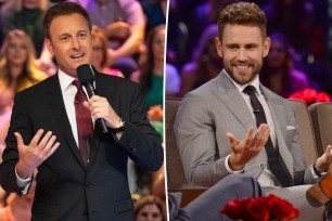 A split photo of Chris Harrison talking on "The Bachelor" and Nick Viall sitting and talking on "The Bachelor"