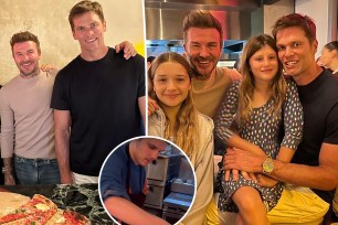 A split photo of David Beckham and Tom Brady posing together and a photo of them posing with their two daughters and a small photo of Cruz Beckham making pizza