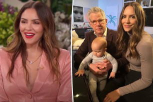 A split of photos of Katharine McPhee solo on a talk show and her posing for a photo with David Foster and their son, Rennie.