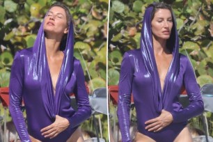 A split of photos of Gisele Bündchen in a purple swimsuit.