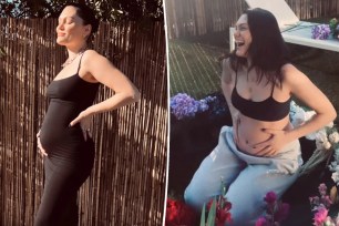 Jessie J cradles her baby bump in a black dress, split with the pregnant singer showing her stomach in a sports bra and sweats