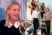 Julie Bowen on "The View" split with her with the cast of "Modern Family" with an inset of her and her twins.