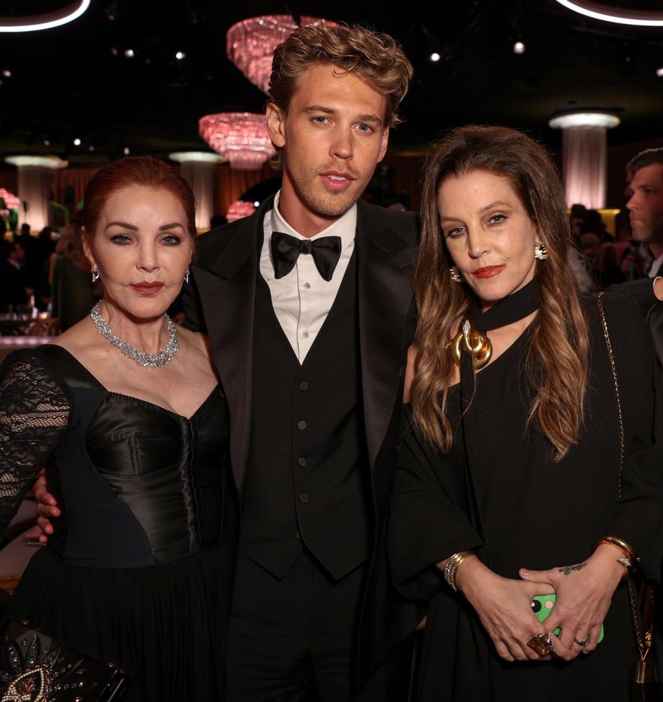 Priscilla Presley, Austin Butler and Lisa Marie Presley at the 2023 Golden Globe Awards