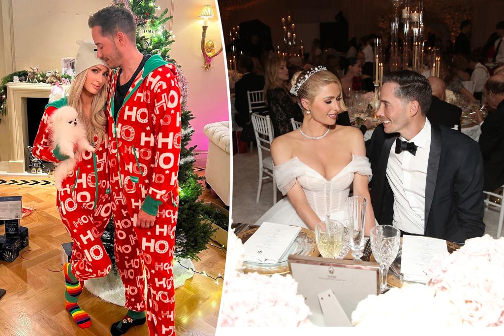 Paris Hilton gets kiss on the forehead from Carter Reum in pajamas, split with the couple smiling at each other on their wedding day