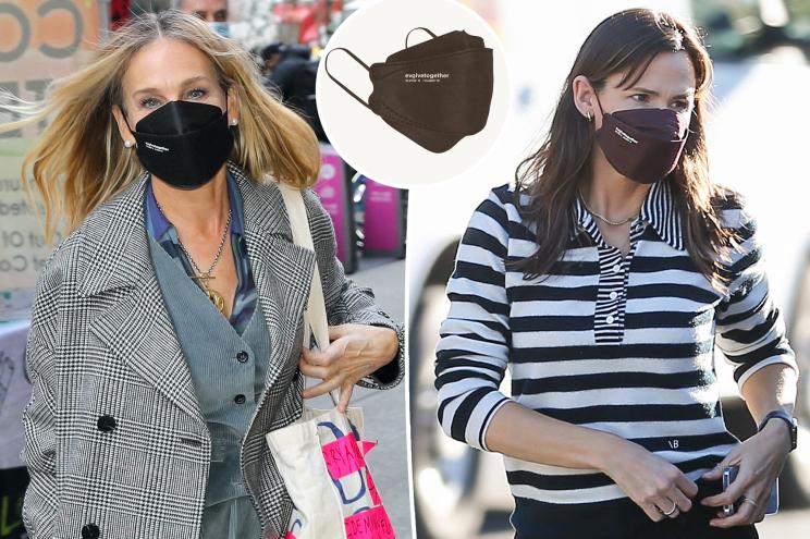 Sarah Jessica Parker and Jessica Garner wearing face masks with an inset of a brown face mask