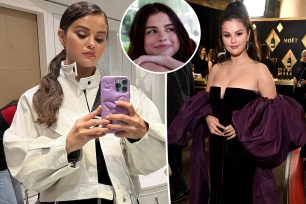 Selena Gomez taking a selfie split with her at the Golden Globes with an inset of her smiling.