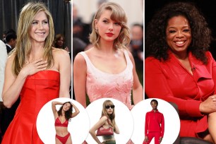 Jennifer Aniston, Taylor Swift and Oprah with insets of panties, a bag and a Spanx half-zip