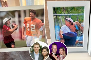 Tom Brady plays football with Jack, split with the athlete kissing son Benjamin, as well as insets of him with Bridget Moynahan and Gisele Bündchen