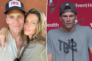 A split of Tom Brady and Gisele Bündchen and Brady solo at a press conference.