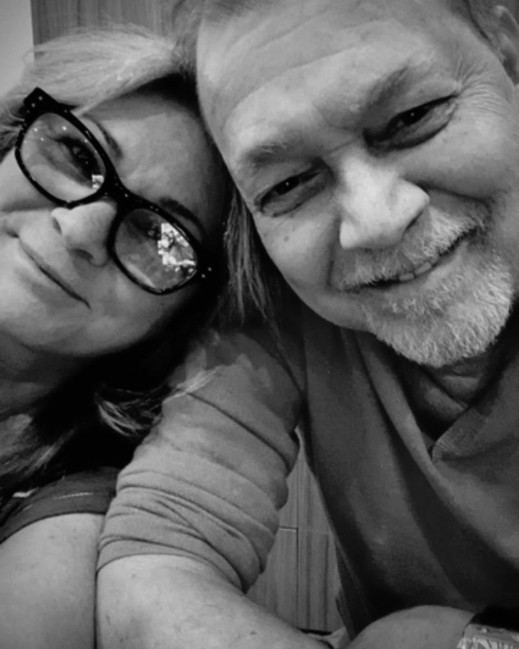 A black-and-white selfie of Valerie Bertinelli and Eddie Van Halen.