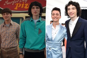 A split of a still of Finn Wolfhard and Noah Schnapp in "Stranger Things" and one of them on the red carpet.