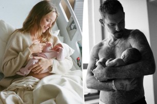 Kaitlynn Carter looks down at newborn daughter in hospital bed, split with Kristoper Brock holding the infant