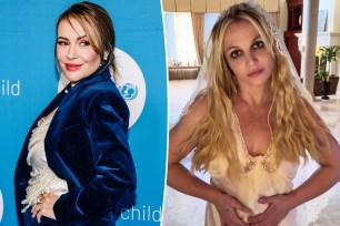 A split of Alyssa Milano at an event and Britney Spears in her house.