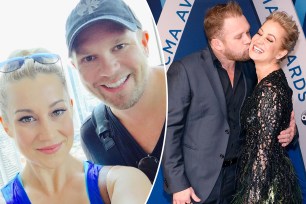 A split of a selfie of Kellie Pickler and Kyle Jacobs and one of them sharing a kiss on the red carpet of an event.