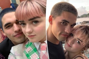A split photo of a selfie of Maisie Williams and Reuben Selby and another selfie of Maisie Williams and Reuben Selby
