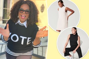 Oprah in a "vote"sweater with insets of two models in a Spanx dress and matching set