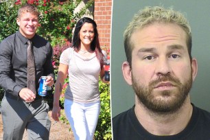 A split of Jenelle Evans and Nathan Griffith walking and a mugshot of him.