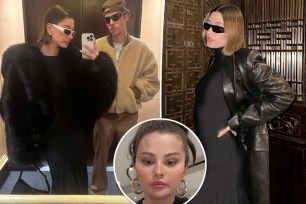 Split image of Hailey and Justin Bieber with Selena Gomez.