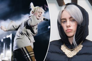 A split of Billie Eilish performing and one of her at an event.