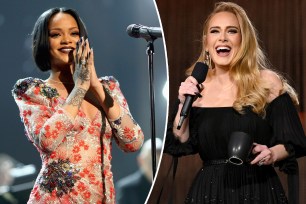 A split of Rihanna and Adele onstage.