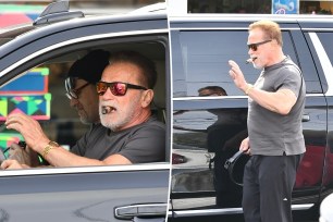 A split of photos of Arnold Schwarzenegger in a car and outside of a car.
