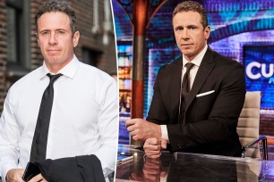 Composite image of Chris Cuomo behind the anchor desk at CNN, then out in a shirt and tie.