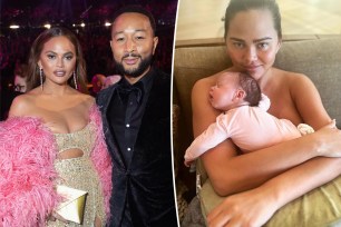 Chrissy Teigen holds daughter Esti on couch, split with the model wearing a cutout gown alongside suited John Legend